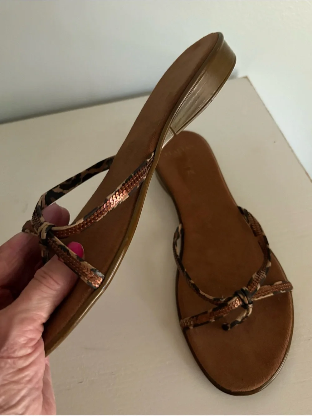 Italian Shoemakers Leather Sequin Slide Sandals with Leopard Print Straps